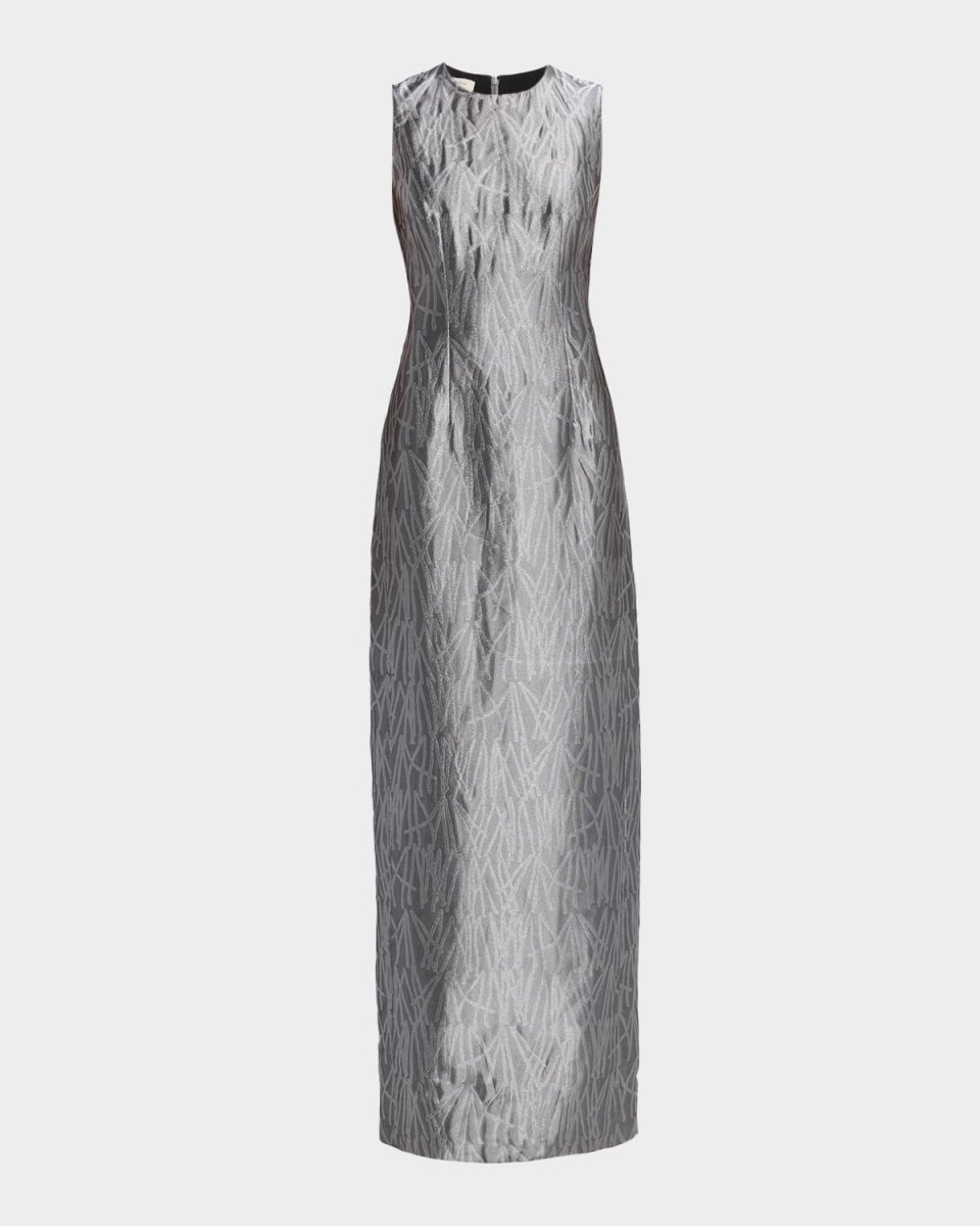 Sleeveless Metallic Jacquard Column Gown